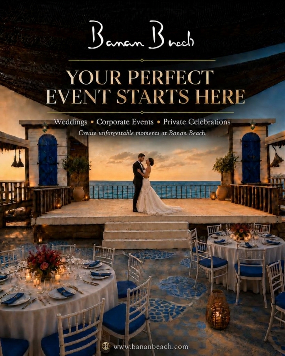 Elegant wedding stage setup by the sea at Banan Beach