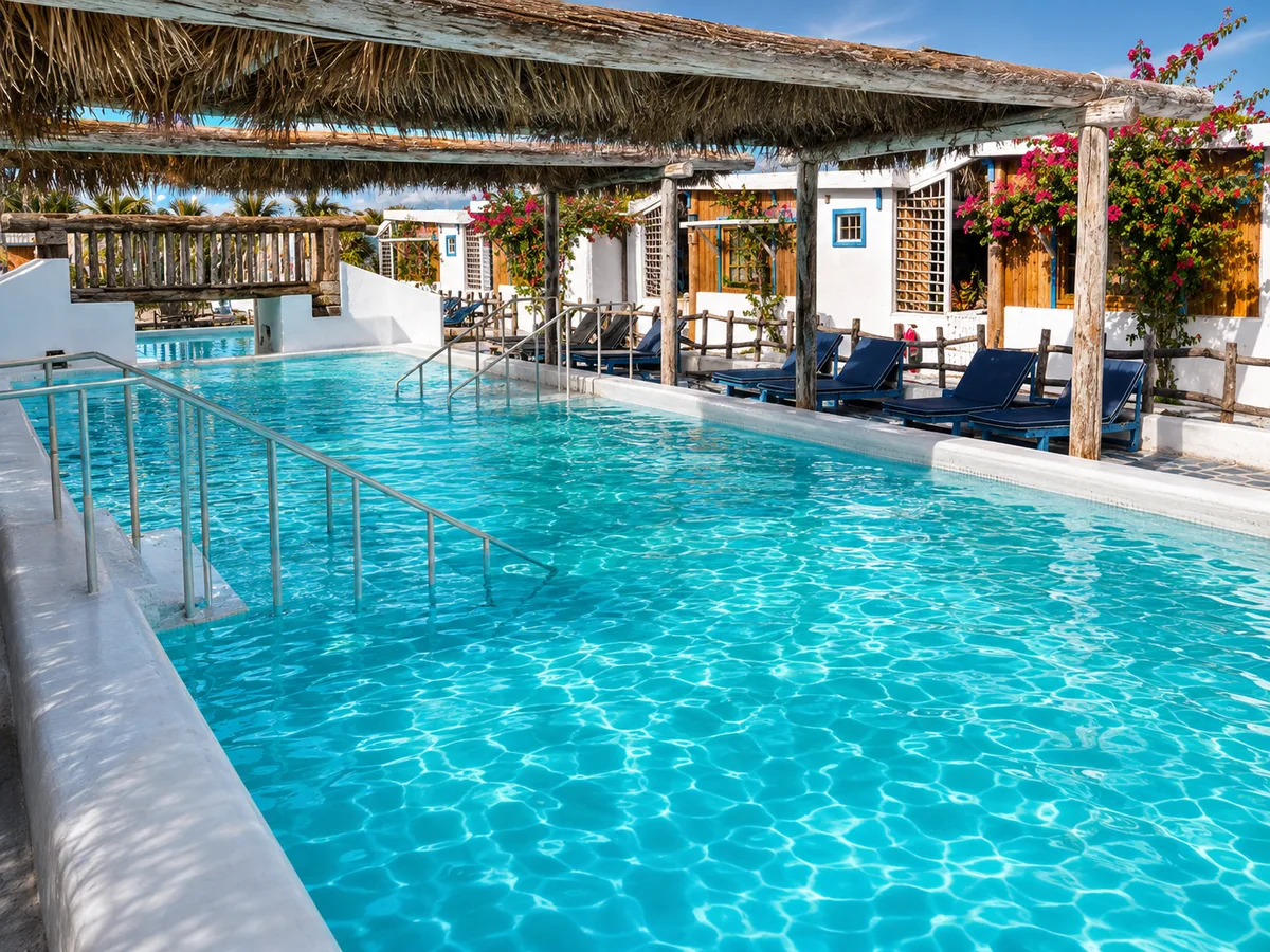 Pool water beneath a thatched pergola with bougainvillea